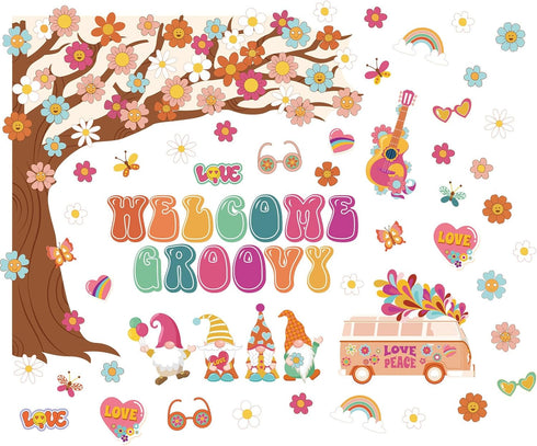 Zonon Retro Welcome Classroom Decorations Boho Groovy Welcome Tree Bulletin Board Set Welcome Hippie Daisy Cutouts for Teachers Kids Preschool Ele...