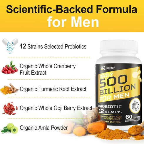 Probiotics for Men, 500 Billion CFU 12 Strains Mens Probiotic with Turmeric Cranberry & Goji, Gut Health for Men, Probiotics for Men Digestive Hea...