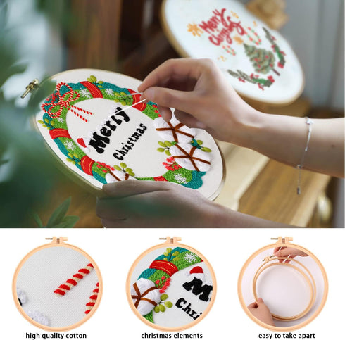 4 Sets Christmas Embroidery Starter Kit with Pattern for Beginners,Merry Christmas Embroidery Kit Ornaments, DIY Cross Stitch Set with 4 Plastic E...
