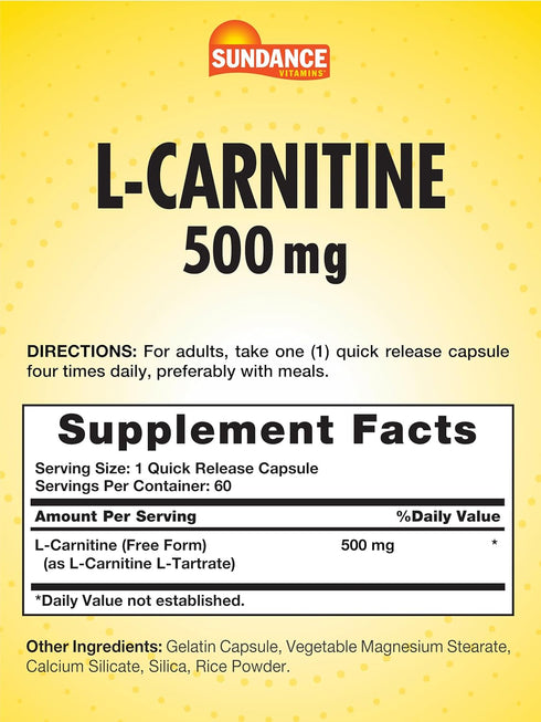 L-Carnitine 500mg | 60 Capsules | Free Form Amino Acid | Non-GMO and Gluten Free Supplement | by Sundance...