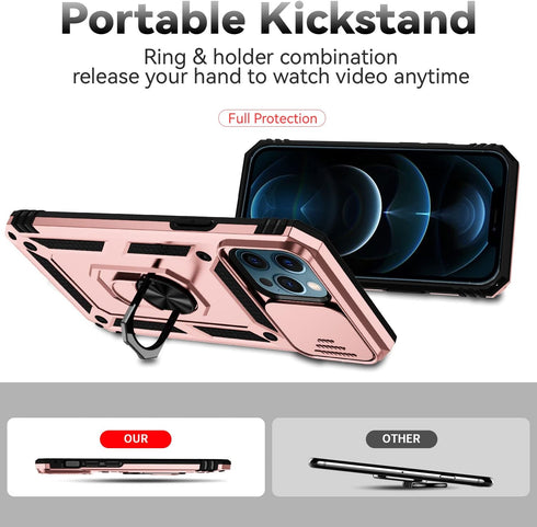 iPhone 12 Pro Max Case with Camera Cover & Kickstand, Slide Lens Protection + 360° Rotate Ring Stand, Impact-Resistant, Shockproof, Protective Bum...