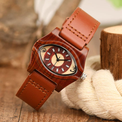 AIMES Womens Wooden Watch with Leather Strap Quartz Analog Red Bamboo Wooden Watches for Women Unique Lightweight Handmade Wood Wrist Watch...