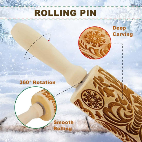 Wooden Engraved Rolling Pin with Christmas Snowflake Designs - For Baking Cookies and Decor...