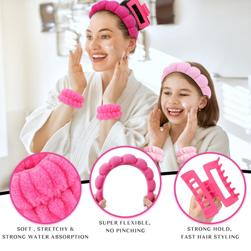 Wecoe Pink Rose Red Spa Headband And Wristband Set Skincare Headband For Washing Face Hair Claw Clips For Thick Hair Cute Puffy Sponge Bubble Make...