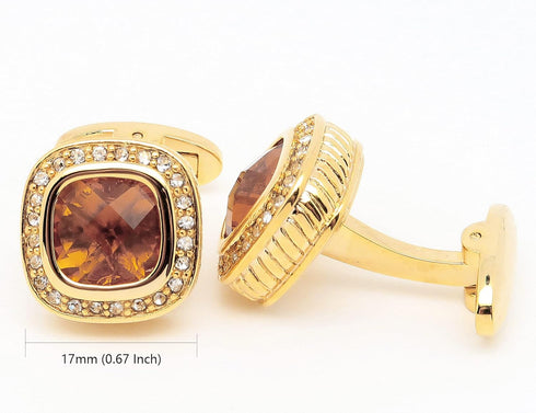 14K Gold Plated Brown Gem Stone Cufflinks for Men Wedding Dress Men Crystal Cufflink for Shirt Party Birthday Anniversary Dress...