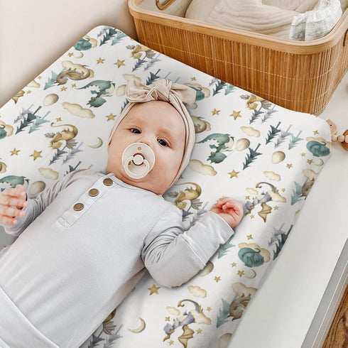 Watercolor Cute Dragon Fairy Tale Changing Pad Cover for Baby Boy, Cloud Moon Star Dragons Egg Diaper Change Table Covers, Soft Stretchy Safe Snug...