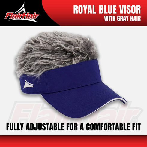 Flair Hair Sun Visor Cap with Fake Hair, Grey Hair with Royal Blue Adjustable Baseball Hat, Royal Blue...