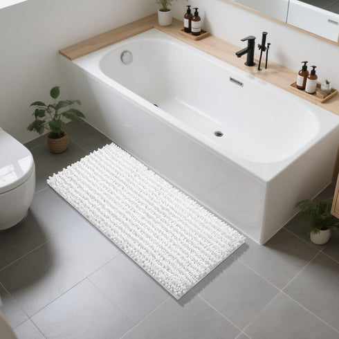 Yimobra Long Bathroom Rugs Non Slip Washable 44x24 Inch - Ultra Soft Absorbent Chenille Bath Mat, Quick Dry Shaggy Floor Carpet for Tub Shower, Wh...