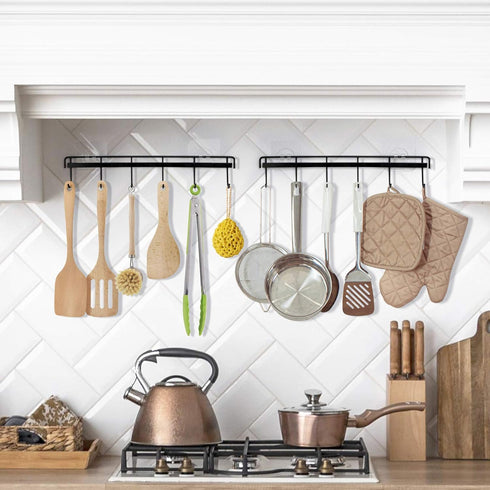 YiZhi Adhesive Wall Hooks Rack Kitchen Rail, Space Saving Utensil Holder No Drilling Wall Mounted Accessory Hanger with 6 Hooks for Kitchen Bathro...
