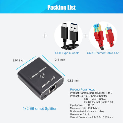 Ethernet Splitter 1 to 2,Gigabit Ethernet Splitter 1000Mbps High Speed with Cat8 Ethernet Cable 1.5ft,LAN RJ45 Splitter with USB Power Cable for C...