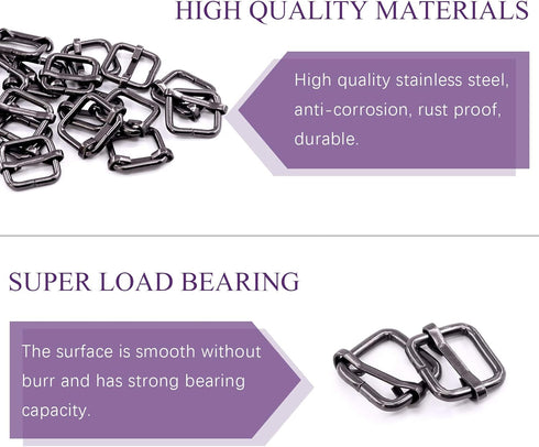 Swpeet 60Pcs 1/2 Inch - 13mm Gun-Black Metal Rings Rectangle Adjuster Triglides Slides Buckle, Roller Pin Buckles Slider Strap Adjuster Keychains ...