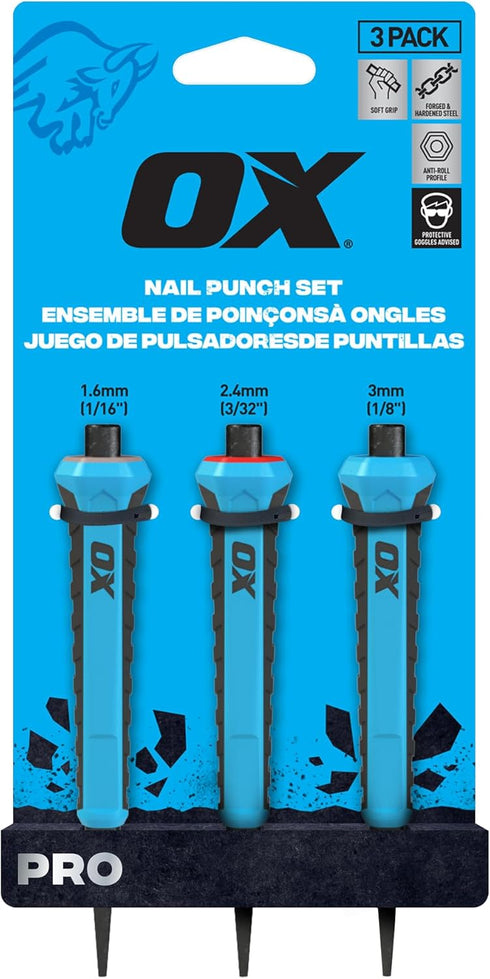 OX Pro Nail Set Nail Punch Set with Cushion Grip 3-Pack Color coded Nail Setter - 1.6 mm, 2.4 mm, 3 mm...