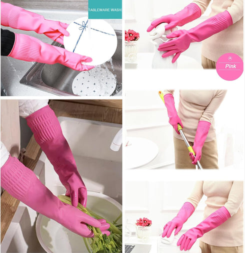 Bamllum 3 Pairs of Rubber Dishwashing Gloves for Kitchen and Household Cleaning – Long Cuff 15", Reusable, Flexible Long-lasting and Non-Slip (Red...