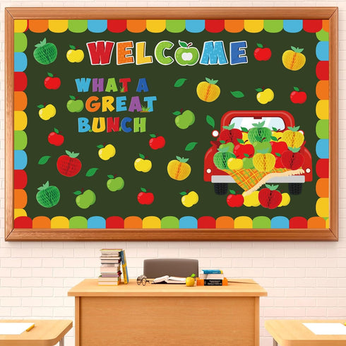 94Pcs Apple Bulletin Board Decoration Set Motivational Fruit Cut-Outs Welcome What A Great Bunch Red Truck Cut Out Apple Honeycomb Balls Border Tr...