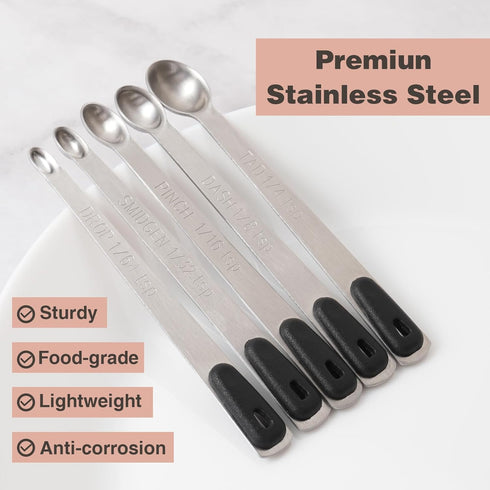 Measuring Spoons Set of 5, Tiny Stainless Steel Measuring Spoons with Black Silicone Handle, Small Measuring Spoon 1/64, 1/32, 1/16, 1/8, 1/4 tsp,...