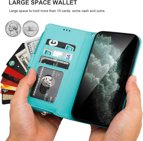 KIHUWEY Compatible with iPhone 12 Pro Max Wallet Case Premium Leather Zipper with Card Holder and Wrist Strap,Kickstand and Protective Lanyard Pur...