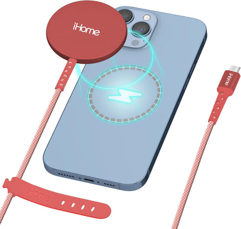 iHome Magnetic Wireless Charger - 10W 6ft Durastrain Nylon Charging Cable with Silicone Wrap, Compatible with MagSafe Cases, for iPhone 12/13, Cor...