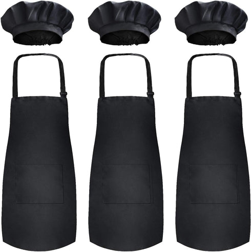 Novelty Place Kid's Apron with Chef Hat Set (3 Set) - Skin-friendly Children’s Bib with Pocket - Cooking, Baking, Painting, Training Wear - Kid's ...