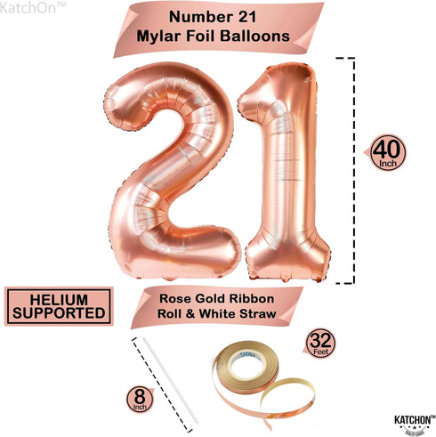 KatchOn, Big Rose Gold 21 Balloon Number - 40 Inch, 21th Birthday Decorations for Girls | Rose Gold Number 21 Balloon with Confetti Balloons | 21t...