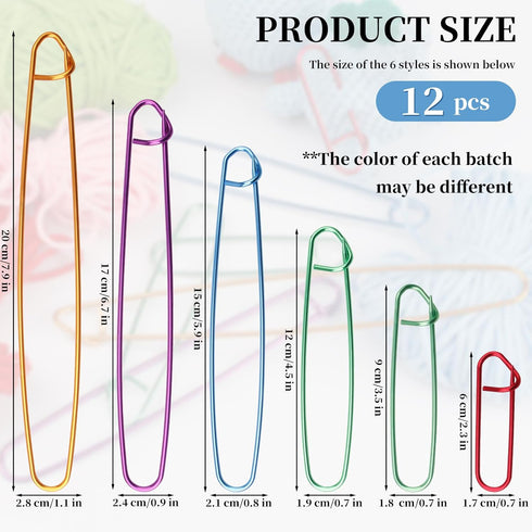 12 PCs Cable Stitch Holder for Knitting 6 Size Colorful Aluminum Yarn Stitches Holder Set Locking Knitting Needle Knitting Stitch Holders 6cm/9cm/...