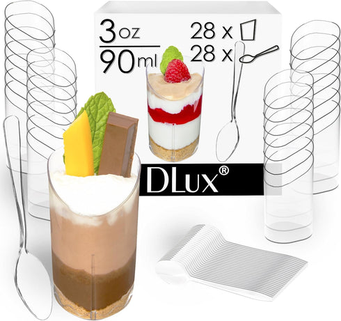 DLux 28 x 3 oz Mini Dessert Cups with Spoons, Slanted Triangle - Clear Plastic Parfait Appetizer Cup - Small Reusable Serving Bowl for Tasting Par...