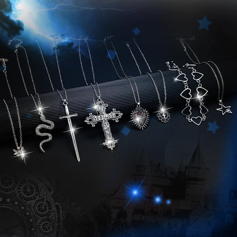 Bonuci 30 Pieces Grunge Necklace Set Goth Cross Necklace Y2k Necklace Punk Rock Vintage Harajuku Gothic Feather Chain Choker Necklace Jewelry Cost...