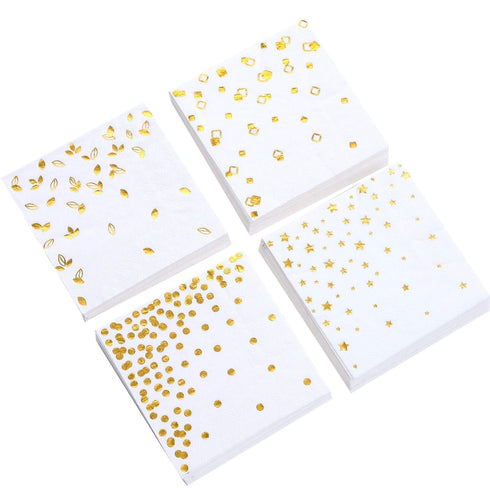 100 PK Gold Napkins - 4 Assorted Designs - 3-Ply Cocktail Napkins Folded 5 x 5 Inches Bar Napkins Disposable Party Napkins Paper Napkins Dinner fo...