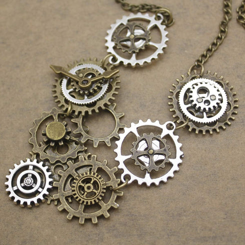 RechicGu Style A Watch Clock Clockwork Hand Gear Cog Steampunk Necklace Vintage Gold and Silver...