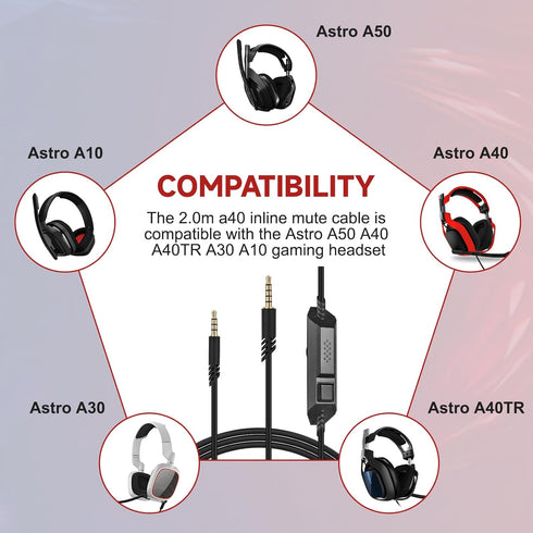 A50 Headset Cord with Inline Mute & Volume Control Compatible with Astro A10, A30, A40TR, A40, A50 Headsets Cable, for Xbox One, PS4, 6.6ft...