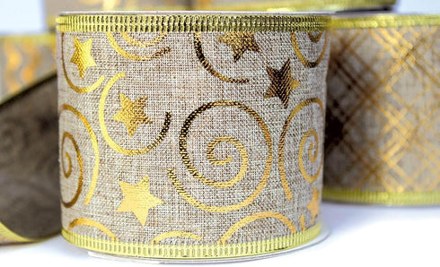 Gold Ribbon Wired Christmas Tree Ribbon 2.5 Inch Burlap Ribbons Xmas 6 Rolls 36 Yards Metallic Glitter Crafts Decorating Gift Wrapping Bows Gift W...