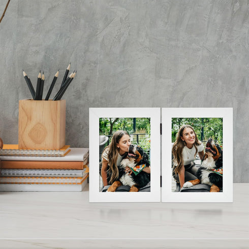 Frametory, 4x6 Double Picture Frame - Real Glass Hinged 2 Photos Collage, Desktop Picture Frame Standing Vertical (Blue, 1 Pack)...