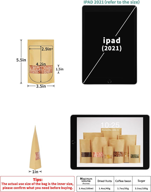 FireKylin 100 Pcs Kraft Paper Bags with Window, 3.5" x 5.5" Stand Up Pouches, Zip Lock Food Storage Bags for Packaging Products, Reusable, Sealabl...
