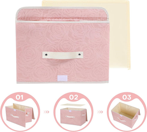 ANMINY Fabric Storage Bin with Lid Rose Print Storage Box Basket with PU Leather Handles Washable PP Plastic Board Decorative Foldable Lidded Shel...