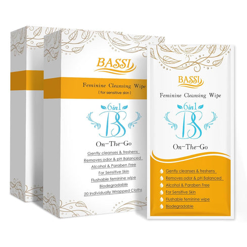 BASSI Feminine Wipes Flushable - 40 Counts Daily Freshening Vaginal Wipes, pH balanced, Removes Odor, Anti Itch Deodorant Individually Vaginal Wra...