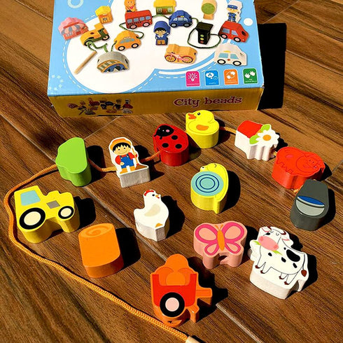 Lacing Farm Toy Wooden Block Set, Early Educational Toys String & Lacing Beads Games for Toddlers Kids Farm Animal Learning Play Set (16 Pieces)...
