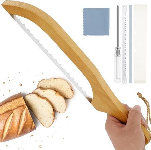 Bread Bow Knife 15.7" Serrated Bread Knife, Wooden Bread Cutter for Homemade Bread, Bow Knife for Sourdough, Bread Slicing Knife Bread Saw Kitchen...