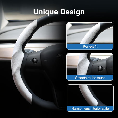 for Tesla Steering Wheel Cover Fluffy Wheel Cover for Model 3/Y Suede Steering Wheel Wrap Protector Comfortable Grip for Tesla White Accessories f...