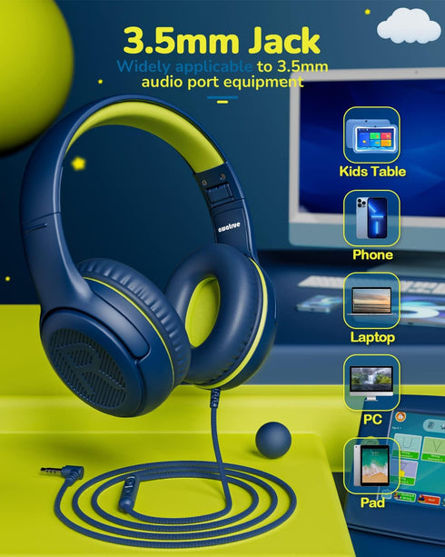 Kids Headphones for School Toddler Wired with Microphone Plug in Bulk Boys Headset Girls 3+ Year Old Blue Green shareport Phones Teen Volume Contr...