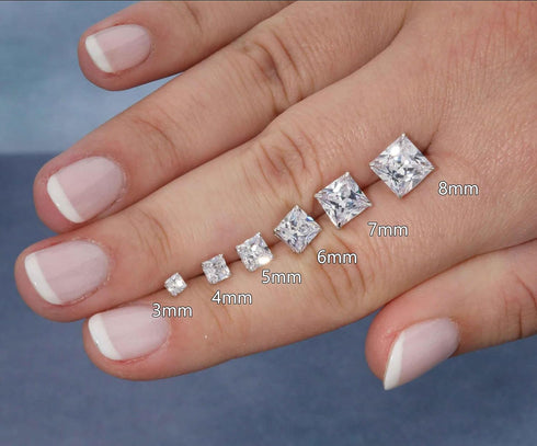 14k White Gold Princess Cut CZ Stud Earrings Real Gold Cubic Zirconia Studs with Solid Gold Backs Square...