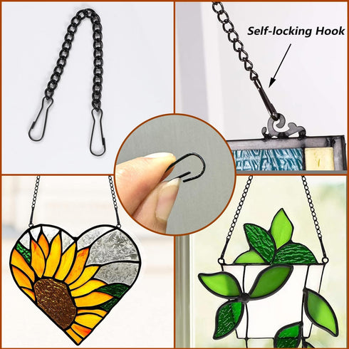 Stained Glass Window Hanging Chain Kit with Adhesive Hooks, Picture Hanging Chain Sunshine Catcher Metal Nickel Plating Stained Glass Window Panel...