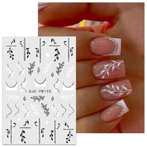 JMEOWIO 10 Sheets Glitter Flower Butterfly Leaves Nail Art Stickers Decals Self-Adhesive Pegatinas Uñas Black White Nail Supplies Nail Art Design ...