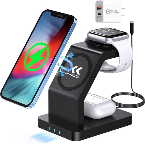 3 in 1 Magnetic Wireless Charger, 15 Watt Fast Charging, Wirelessly Charges Multiple Devices, MagSafe Compatible, for iPhone 14/Pro/Max/Plus/13/12...