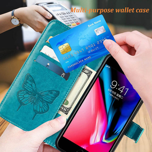 for iPhone 7/8 Plus Wallet Case, 6/6S Plus Case, Butterfly Floral Embossed, Wrist Strap, Card Holder Slots,Stand Leather Protective Flip Cover (Bl...