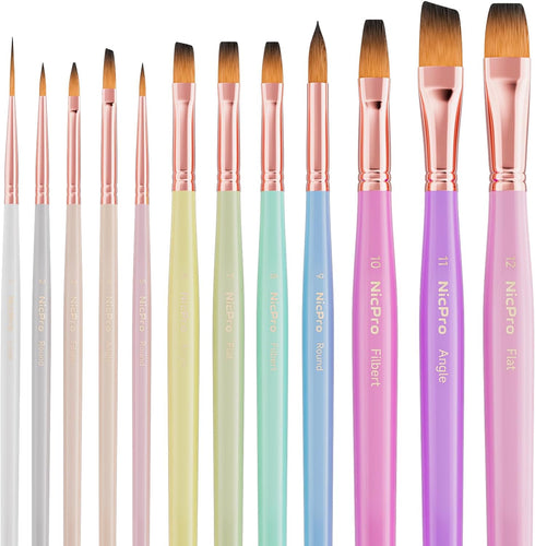 Nicpro 12pcs Artist Paint Brush Set, Pastel Painting Brushes Kit with Flat, Round, Filbert, Angle and Detail Paintbrushes, Nylon Bristles Paint Br...