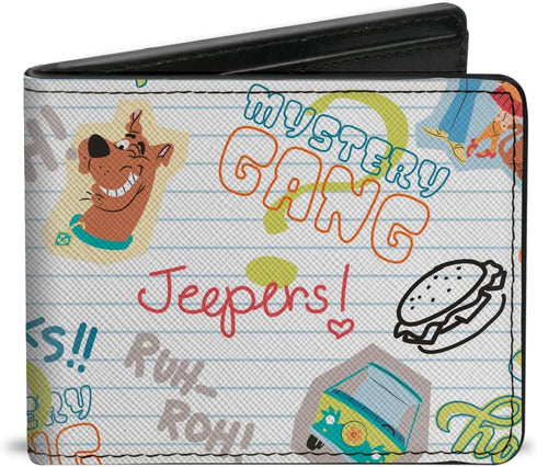 Scooby Doo Wallet, Bifold, Scooby Doo Notebook Doodles Collage White Multi Color, Vegan Leather...