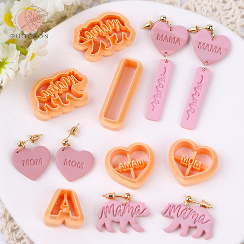 Puocaon Mom Bear Clay Cutters - 9 Pcs Polymer Clay Cutters for Earrings Making, Embossed Bear Clay Cutters for Polymer Clay Jewelry, Mama Letters ...