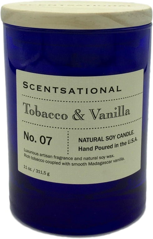 Scentsational Tobacco and Vanilla Natural Soy Candle - Single Lead-Free Wick - Earthy Sweet Smell - Hand Poured in Blue Jar with Wooden Lid - 11 o...