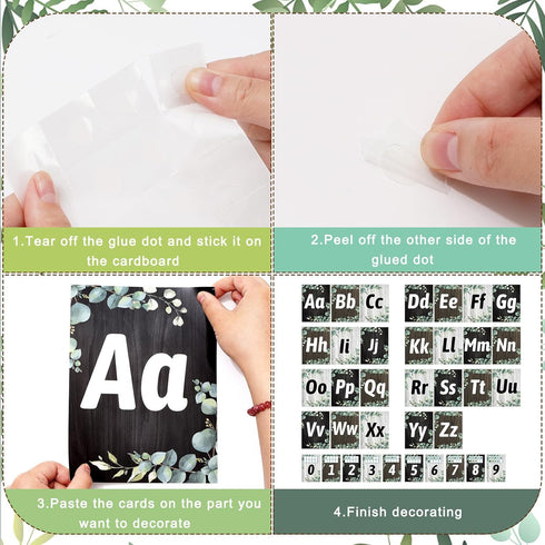 Whaline 36 Pack Eucalyptus Alphabet Number Bulletin Board Set Greenery Alphabet ABC Card Number 0-9 Card with Glue Points Green Leaves Prize Award...