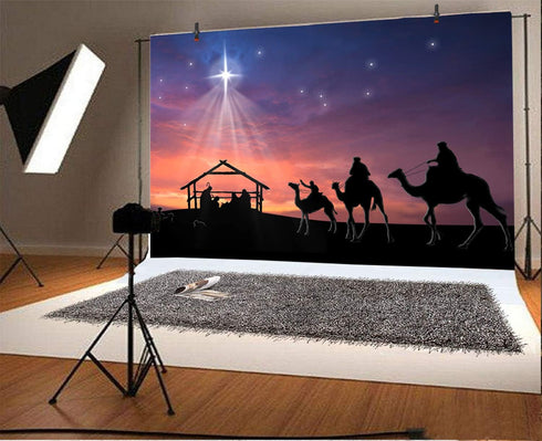 AOFOTO 7x5ft Stable Nativity Scene Background Shiny Star Birth of Christ Jesus Camels Sheeps Sketch Manger Scene Background for Church Concert Dec...