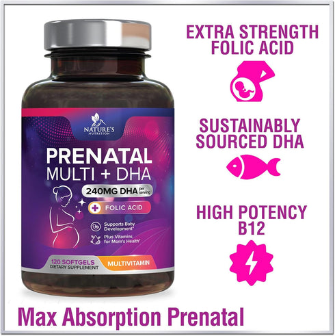 Women's Prenatal Multivitamin with Folic Acid + DHA, Prenatal Vitamin Supplement for Fetal Support w/ Folate, Omega 3, Vitamins D3, B6, B12 & Iron...